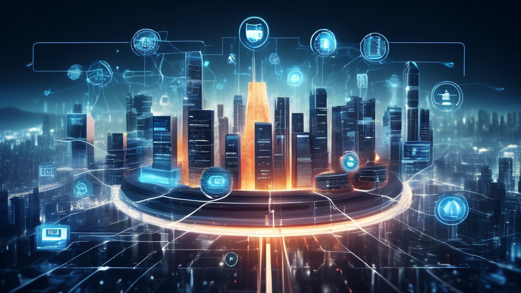 Create an image depicting a futuristic, secure digital cityscape with firewalls and various cybersecurity symbols protecting it. Include elements such as a shield with the NIST CSF logo prominently displayed, various data streams being monitored, analysts at high-tech workstations, and transparent locks symbolizing secure data. Emphasize the theme of stability, vigilance, and technological prowess.