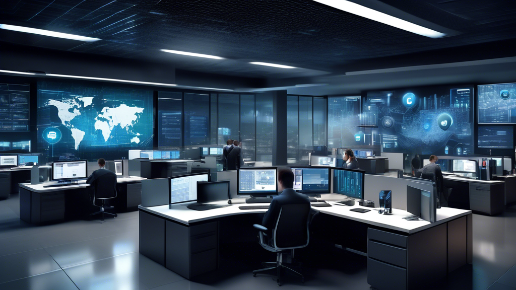 Create a highly detailed image of a modern corporate office environment where various high-tech IBM cybersecurity solutions are visibly safeguarding the digital infrastructure. Show multiple layers of security being implemented, such as advanced firewalls, data encryption, biometric access controls, and a security operations center with large monitors displaying threat intelligence. Emphasize a professional atmosphere with diverse business professionals working confidently, knowing their valuable data and systems are protected. Incorporate subtle IBM branding elements throughout the scene.