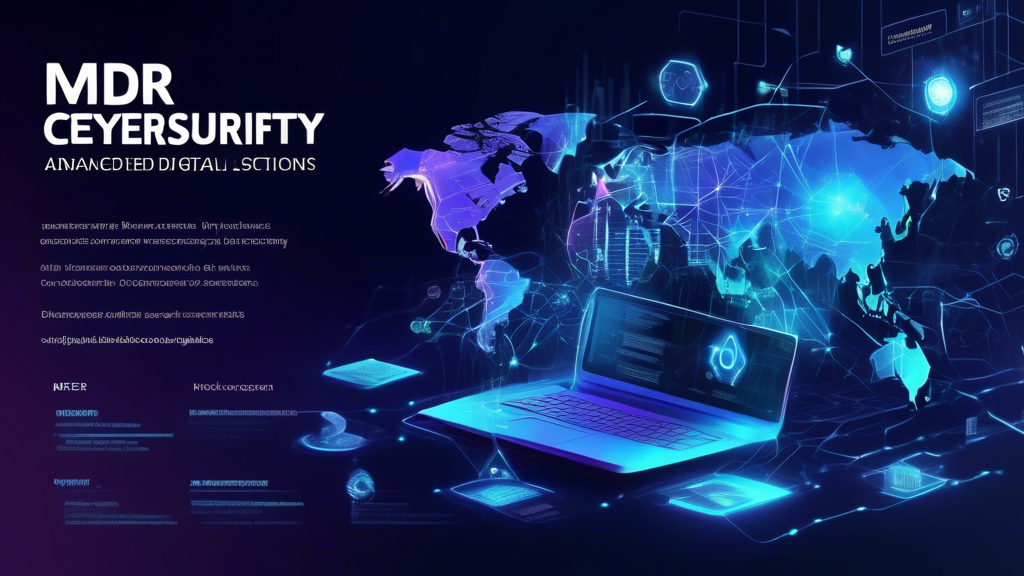 Create a futuristic digital landscape where advanced cybersecurity shields and mechanisms protect data streams and digital assets. Highlight the presence of Managed Detection and Response (MDR) systems actively monitoring and countering cyber threats. Incorporate elements such as AI-driven analytics, interconnected networks, and secure data pathways. The overall theme should convey the enhancement of digital safety and resilience through cutting-edge cybersecurity solutions.