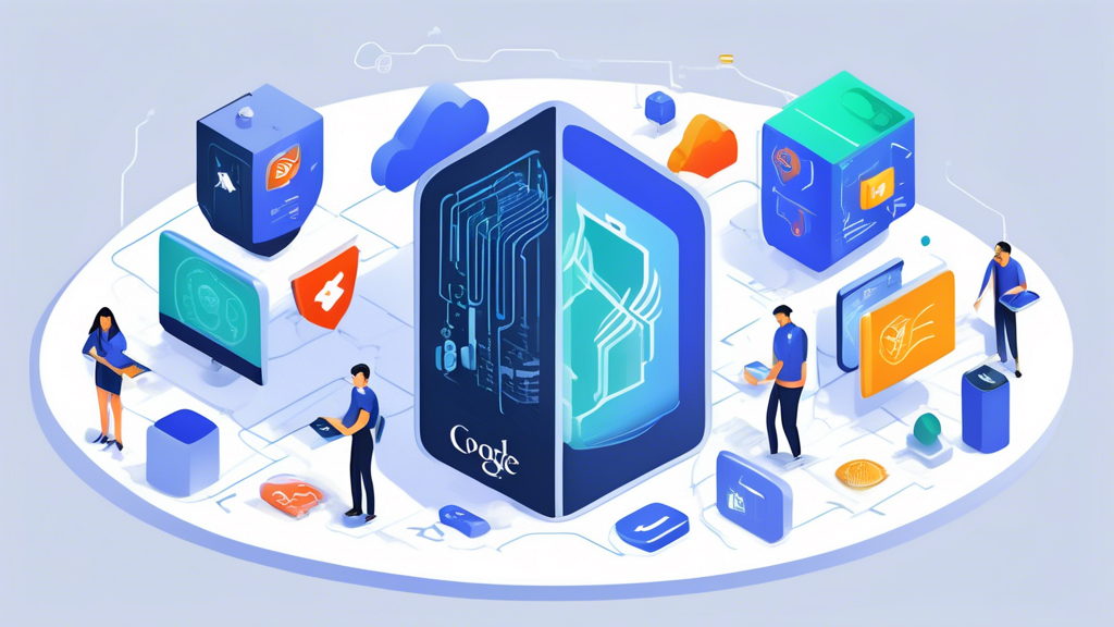 Create an image that illustrates Google's comprehensive approach to cybersecurity, featuring a blend of high-tech elements. The scene should include stylized representations of servers protected by digital shields, a diverse team of IT professionals monitoring security status on futuristic screens, and various icons symbolizing tactics like encryption, multi-factor authentication, and AI-driven threat analysis. A prominent Google logo should be integrated subtly into the background, signifying their role in enhancing online safety. The overall atmosphere should feel secure, advanced, and dynamic, reflecting the ever-evolving landscape of cybersecurity.