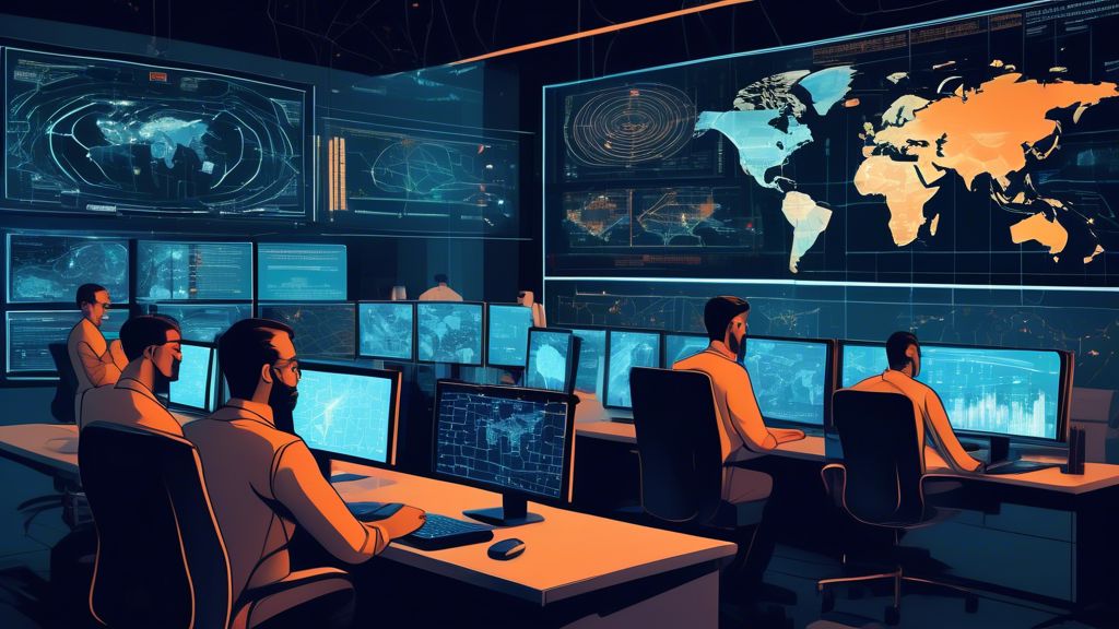 An advanced cybersecurity command center with analysts monitoring multiple screens displaying real-time threat data, alongside digital representations of cyber threat intelligence. Intricate graphs, encrypted codes, and world maps showing threat origins in the background, illustrating the comprehensive approach to enhancing security through cyber threat intelligence.