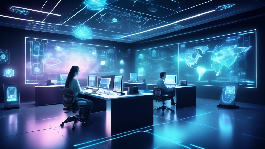 Create an image depicting a futuristic business office with holographic interfaces, showcasing Wiz Cloud Security in action. The scene should include employees interacting with advanced security systems, digital shields, and data protection icons hovering around them. The atmosphere should convey innovation, safety, and efficiency.