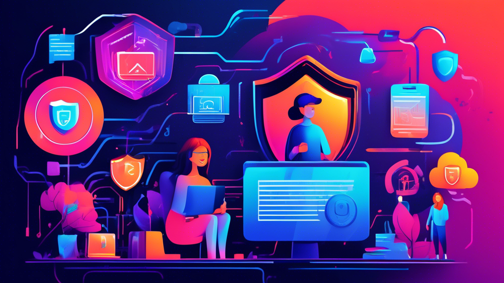 A vibrant, informative digital illustration showing a beginner's guide to cyber security. The scene depicts a young person at a computer, surrounded by visual elements that represent key cyber security tips: a shield icon for protection, a lock icon for secure passwords, a phishing email highlighted with a warning, a firewall barrier, a two-factor authentication symbol, and a backup cloud. The background includes a glowing network grid to signify the digital world. The overall mood is educational and encouraging, with bright colors and clear, engaging graphics.