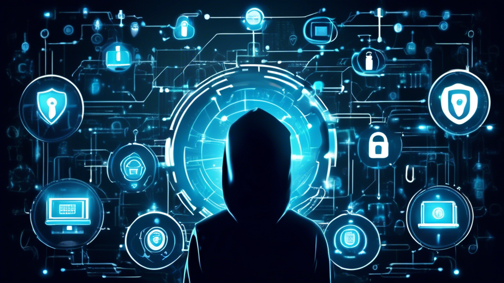 Create a striking image depicting the concept of cyber security awareness in today's digital world. Show a vigilant individual surrounded by interconnected devices like smartphones, laptops, and tablets. Include visual elements such as padlocks, shields, and security icons to symbolize protection. In the background, incorporate a digital network with binary code, highlighting the importance of safeguarding personal and sensitive information against cyber threats.