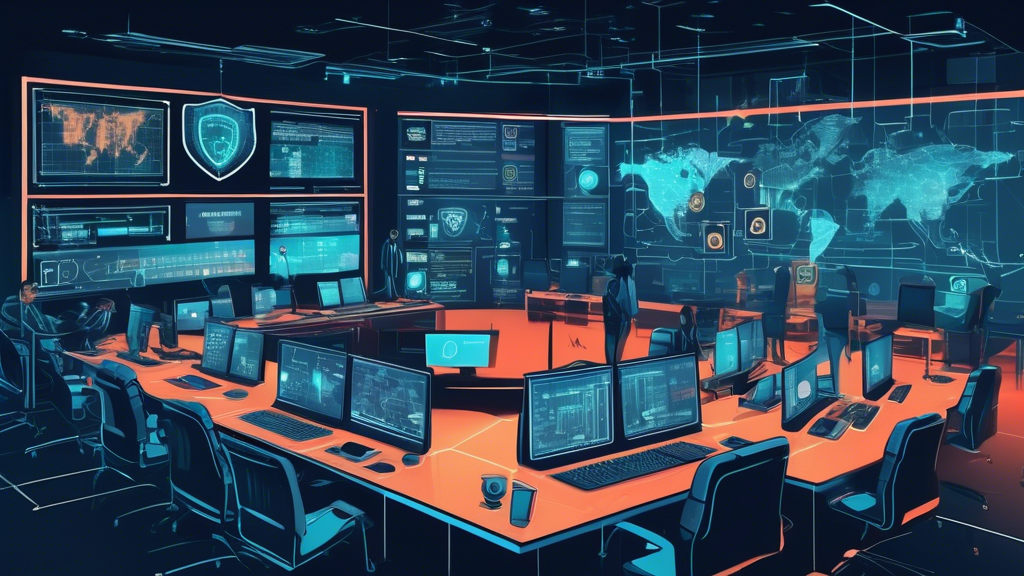 Create an image of a futuristic control room with advanced digital security interfaces, holographic screens displaying various cybersecurity statistics, and representatives from top computer security companies like Norton, McAfee, Fortinet, and Palo Alto Networks collaborating to safeguard data. Include elements like padlocks, shields, and encrypted codes to emphasize security.