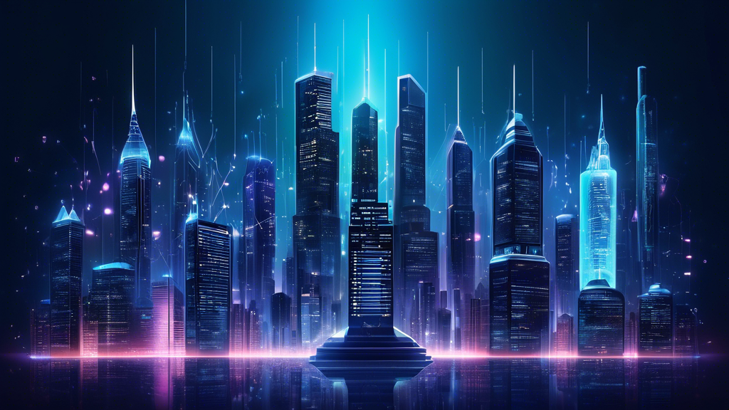 Create an image showcasing the top cybersecurity companies to watch in 2024, represented by futuristic skyscrapers with glowing logos of major cybersecurity firms. The scene should have a high-tech cityscape at night, with digital symbols such as locks, shields, and binary codes subtly integrated into the background, signifying cutting-edge security technologies.