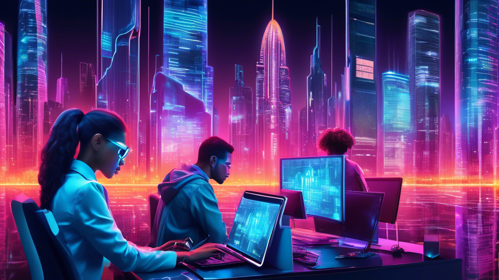 Create an image depicting a futuristic cityscape at night, with towering skyscrapers adorned with glowing neon signs of major cybersecurity companies. The scene should include holographic advertisements showcasing advanced cybersecurity technologies. In the foreground, a diverse team of cyber professionals can be seen working collaboratively on high-tech devices, with screens displaying complex cybersecurity data, reflecting their proactive efforts in protecting the digital world. The overall ambiance should convey innovation, cutting-edge technology, and a secure digital environment.