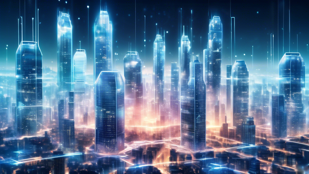 Create an image that showcases a futuristic digital cityscape with towering skyscrapers, where buildings are shaped like padlocks, firewalls, and security shields. Incorporate holographic logos of top internet security companies floating in the sky. Show people interacting with transparent, high-tech devices, protected by layers of visible, shimmering security barriers. Depict a sense of seamless online protection and digital harmony.