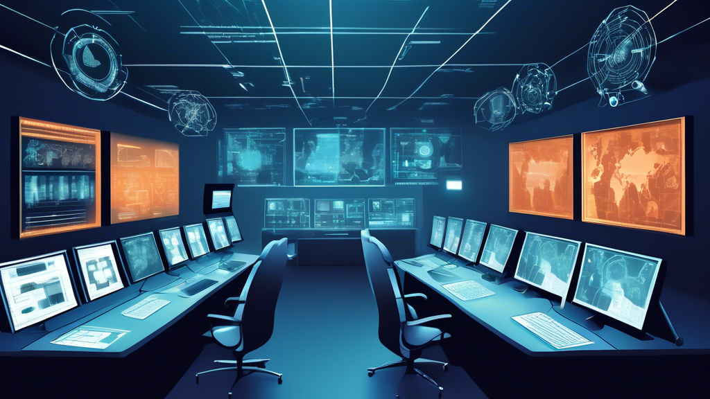 Create an image showcasing a high-tech control room with various screens displaying network activity, firewall status, and encryption protocols. The room should feature cyber security experts actively monitoring and managing these systems, with visible multi-factor authentication devices and security access controls. The overall theme should convey advanced technologies and tools ensuring robust network security.