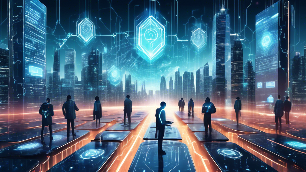 A futuristic cityscape with a glowing digital shield hovering above, symbolizing cybersecurity. The buildings are embedded with complex circuitry and data streams flowing between them. People in the scene are depicted using various digital devices, like smartphones and laptops, with holographic locks and security icons. In the background, silhouettes of hackers attempts and barriers protecting the city’s data are visible. The overall atmosphere should convey a sense of vigilance and protection in the modern digital age.