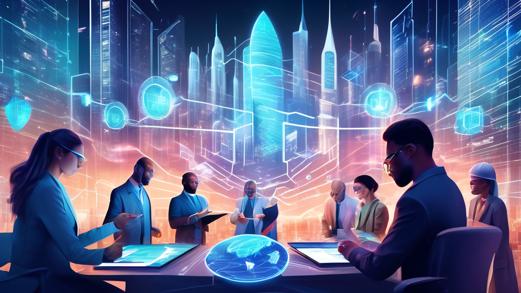 An illustration of a futuristic digital cityscape with interconnected buildings representing various critical sectors like healthcare, finance, and energy, all enveloped in a protective, glowing digital shield symbolizing cybersecurity. In the foreground, diverse professionals such as IT experts, government officials, and industry representatives are collaborating, with a visible NIS2 Directive holographic document hovering above them, illustrating their joint effort in enhancing cybersecurity measures. The overall aesthetic should convey a sense of security, cooperation, and advanced technology.