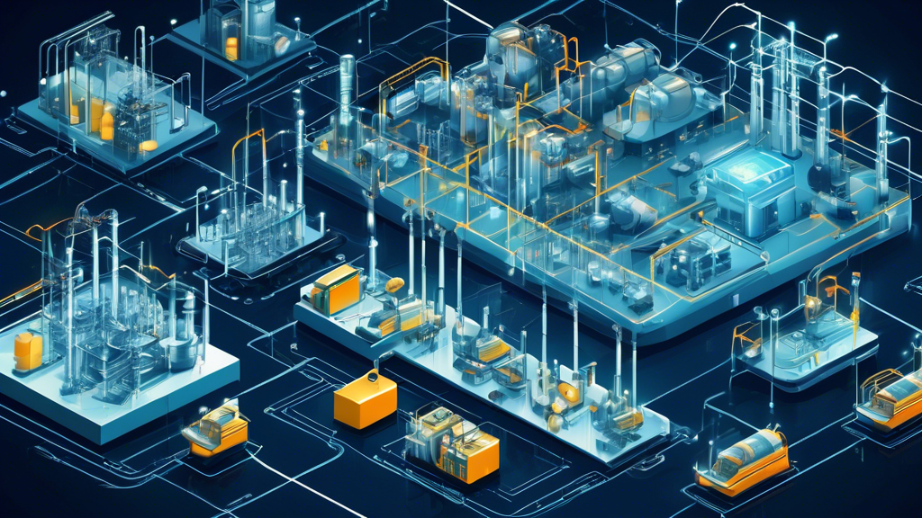 Create an image depicting a modern industrial facility, such as a factory or power plant, with various machinery and control systems. The facility is interconnected with digital networks, symbolized by digital lines and circuits. Include elements like security shields and padlocks around critical infrastructure, highlighting the importance of Operational Technology (OT) security in protecting the industry from cyber threats. The atmosphere should convey a sense of high-tech sophistication and vigilance.