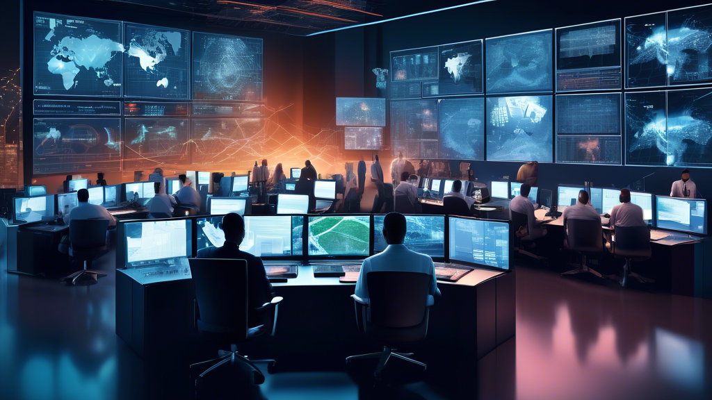 Create an image that visually represents the Cybersecurity and Infrastructure Security Agency (CISA) at work: Imagine a high-tech operations center filled with large digital screens displaying complex data and maps. In the foreground, diverse security experts are actively analyzing and monitoring potential cybersecurity threats. In the background, a mix of critical infrastructure elements, like power grids, communication networks, and transportation systems, are depicted as interconnected holograms, emphasizing the agency's role in protecting national infrastructure. The CISA logo is subtly included in the scene to indicate the agency’s presence.