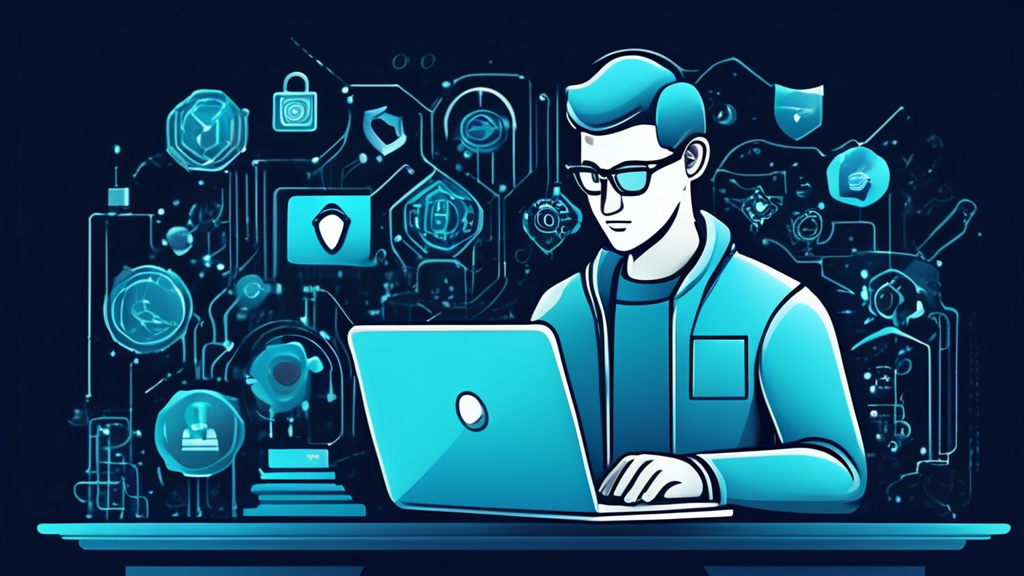 Create an image of a person confidently working on a laptop with elements representing cybersecurity, such as digital locks, encrypted data, and shields, in the background. The setting should be a modern, professional workspace with a Coursera logo subtly incorporated, emphasizing growth and career development in cybersecurity.