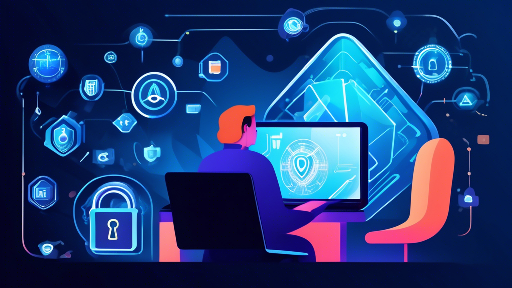 Create an image that depicts a person confidently working on a laptop, shielded by a transparent, high-tech digital barrier, symbolizing strong cybersecurity. Incorporate icons like padlocks, shields, and checkmarks floating around the barrier, and include the McAfee logo subtly in the background. The scene should exude a sense of safety, advanced technology, and proactive protection.