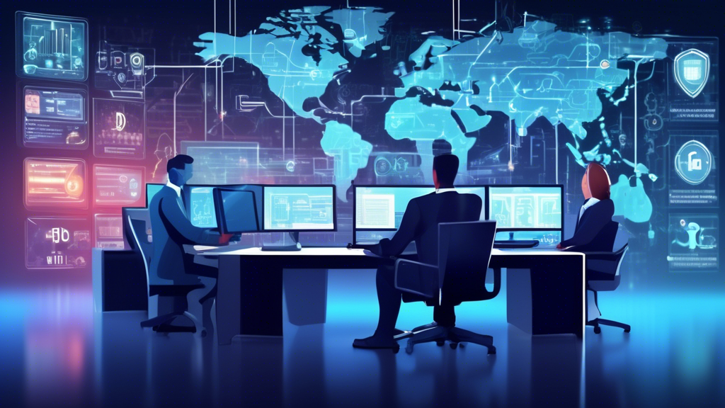 Create an image of a modern office environment where employees are actively engaged in cyber security measures. Show a central figure using a SOAR (Security Orchestration, Automation, and Response) platform on a large touch screen, while others monitor various cyber threats on multiple screens. Include elements like digital shields, lock icons, and network diagrams to emphasize cyber security. The atmosphere should be dynamic and focused, reflecting a high-tech, secure digital workspace.