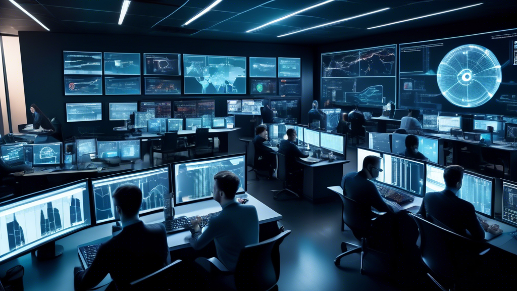 Create an image depicting a modern, high-tech cybersecurity operations center. The room is filled with multiple monitors displaying digital graphs, statistics, and alerts, indicating real-time security event monitoring. In the foreground, cybersecurity analysts are actively working on computers, analyzing data and mitigating threats, with a focus on a central screen showing a sophisticated SIEM (Security Information and Event Management) solution's interface. The atmosphere should be intense and focused, with a hint of futuristic technology.