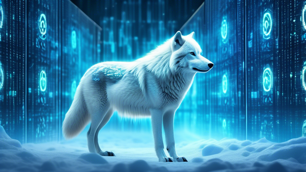 Create an image of an Arctic wolf standing tall as a guardian with a futuristic digital shield composed of binary code and holograms. The wolf should be positioned in front of a sleek data center with glowing blue servers, symbolizing advanced cybersecurity. The background should be a blend of a snowy arctic landscape with an aurora borealis overlaying technological grid lines, illustrating the fusion of nature and cutting-edge cybersecurity.