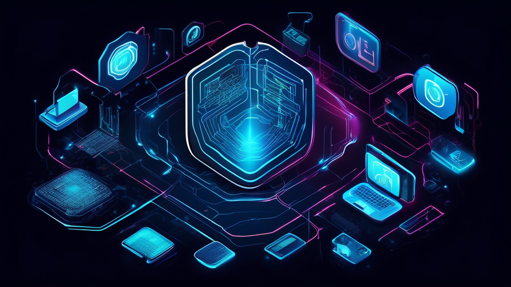 Create an image of a high-tech digital shield protecting a network of interconnected computers and devices, with vibrant lines of data and futuristic icons representing EDR (Endpoint Detection and Response) cyber security solutions. The background should feature a dark matrix-style pattern to emphasize the advanced technology and cyber protection theme.