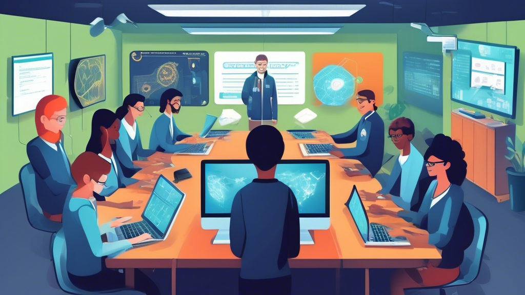 Create a detailed illustration of a digital classroom where professionals are learning essential cyber security skills. Include icons or visuals representing key topics like network security, ethical hacking, cryptography, and firewall configuration. Show a diverse group of students engaging with interactive digital tools and a knowledgeable instructor guiding them. The environment should reflect a high-tech, modern setting that conveys a sense of comprehensive learning and cyber protection.