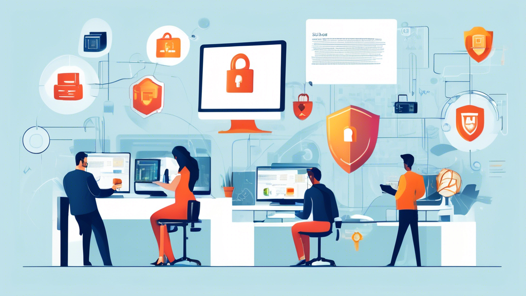 Create an image depicting a small office with diverse employees working on computers, showcasing strong cybersecurity measures such as secure firewalls, antivirus software, and encrypted data streams. Include visual elements like lock icons, shields, and a computer screen displaying security alerts and protocols. Additionally, integrate a professional, friendly atmosphere to convey the importance of cybersecurity in maintaining a safe and productive business environment.