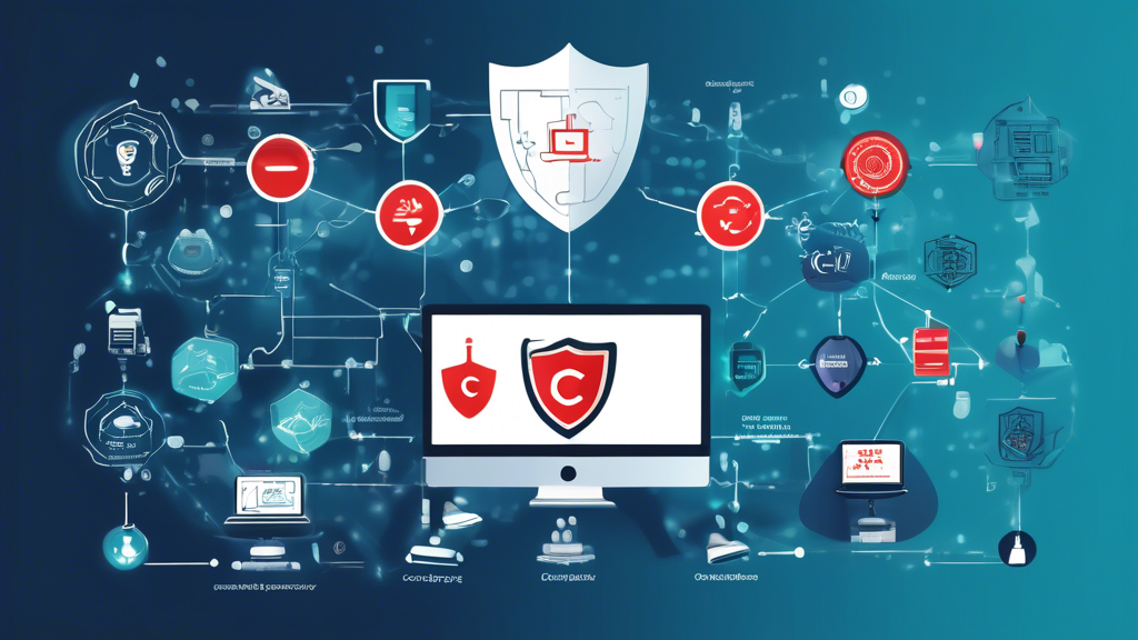 Create an image that illustrates a professional embarking on a cybersecurity journey, highlighting various elements of CompTIA certification. The scene should include an individual studying complex digital networks, surrounded by visual representations of security concepts like firewalls, encrypted data, and shield icons. Incorporate symbols of CompTIA certifications such as Security+, CySA+, and PenTest+ badges to represent growth and achievement in the cybersecurity field.