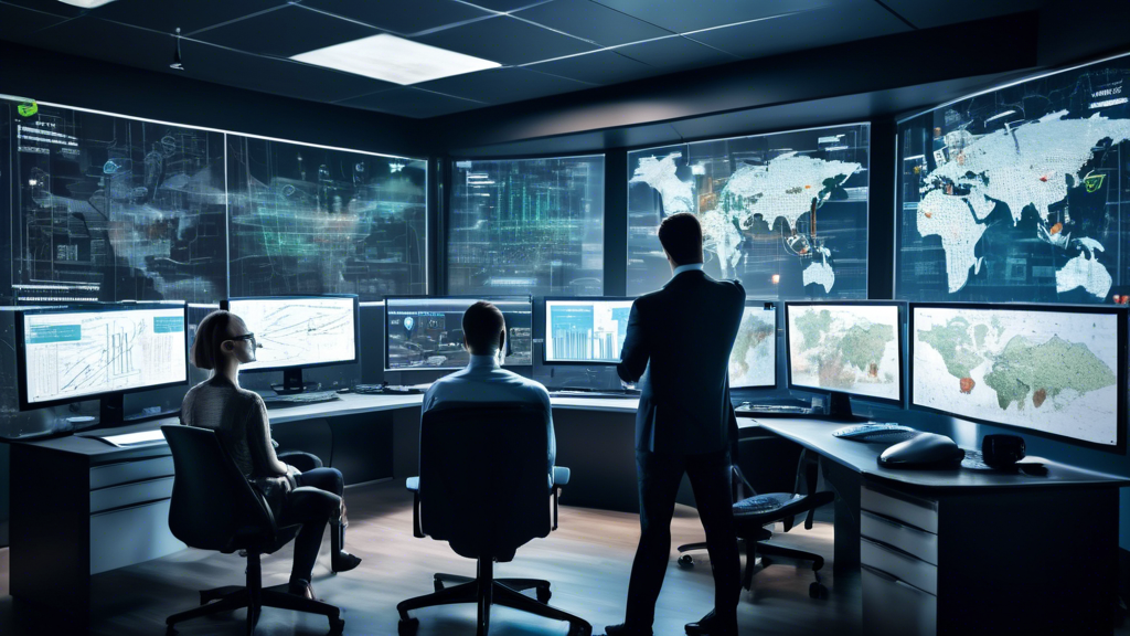 Create an image depicting a modern office setting with multiple computer screens displaying various cybersecurity analytics and threat detection data. Include a professional cybersecurity expert pointing at one of the screens, discussing with a concerned client. The backdrop includes elements like a cityscape visible through the windows and a map highlighting local cybersecurity service providers. Add a reassuring, secure atmosphere by incorporating lock and shield icons subtly in the background.