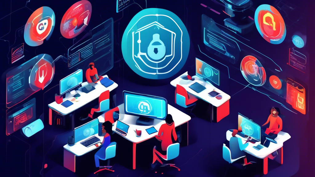 Create an image of a diverse group of people in a high-tech classroom setting, each engaged with different cybersecurity tools and techniques. They are surrounded by digital elements such as firewalls, encryption symbols, and security codes. Laptops, virtual reality headsets, and other modern gadgets are in use, emphasizing a collaborative and futuristic learning environment. Display the Udemy logo prominently on a screen or banner to indicate that they are taking an online course.