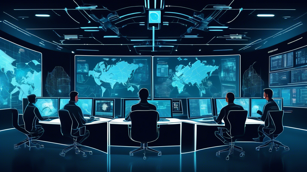 Create an image showcasing a futuristic command center with a diverse team of cybersecurity experts actively monitoring multiple screens displaying complex data and threat maps. The central focus should be on a prominent Cisco logo, symbolizing their advanced cybersecurity solutions. The background should feature a digital shield enveloping the command center, representing robust digital defenses.