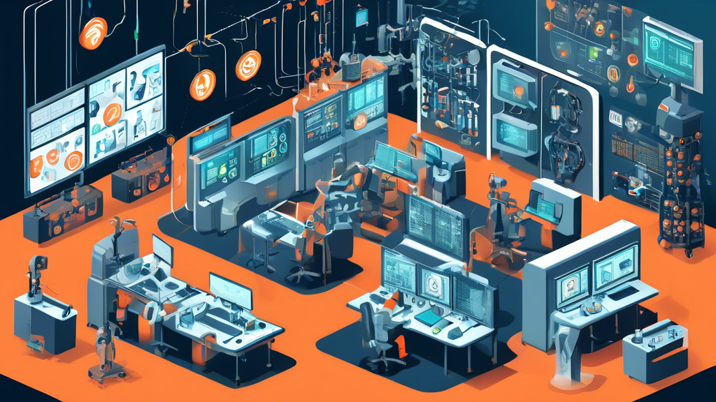 Create an image illustrating the intersection of Operational Technology (OT) and cyber security. Show a highly secure industrial control room with advanced monitoring systems, firewalls, and data protection icons. Include a variety of OT equipment such as machinery, robotic arms, and control panels. Highlight security measures like padlocks and shields around network cables and digital screens displaying security analytics.