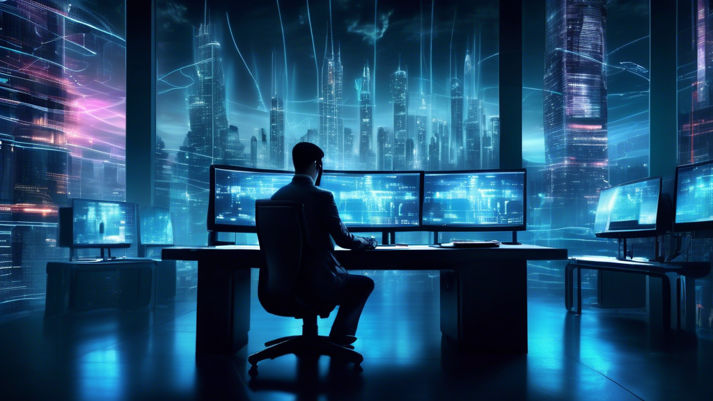 Create an image depicting a futuristic cityscape at night, where advanced digital networks intertwine with the skyscrapers. In the foreground, a cyber security professional is seated at a high-tech workstation with multiple holographic screens displaying codes, alerts, and defense mechanisms. Shadowy figures and ominous digital entities loom in the background, representing cyber threats. The scene should convey a sense of urgency and vigilance in defending against evolving cyber security threats.