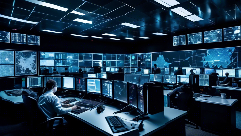 Create an image of a high-tech Security Operation Center (SOC) filled with multiple large screens displaying real-time cyber threat maps, analytical graphs, and live camera feeds. In the room, a diverse team of cybersecurity analysts are actively monitoring and responding to security incidents, using cutting-edge technology and data. The atmosphere is intense and focused, highlighting the critical role of the SOC in modern cybersecurity.