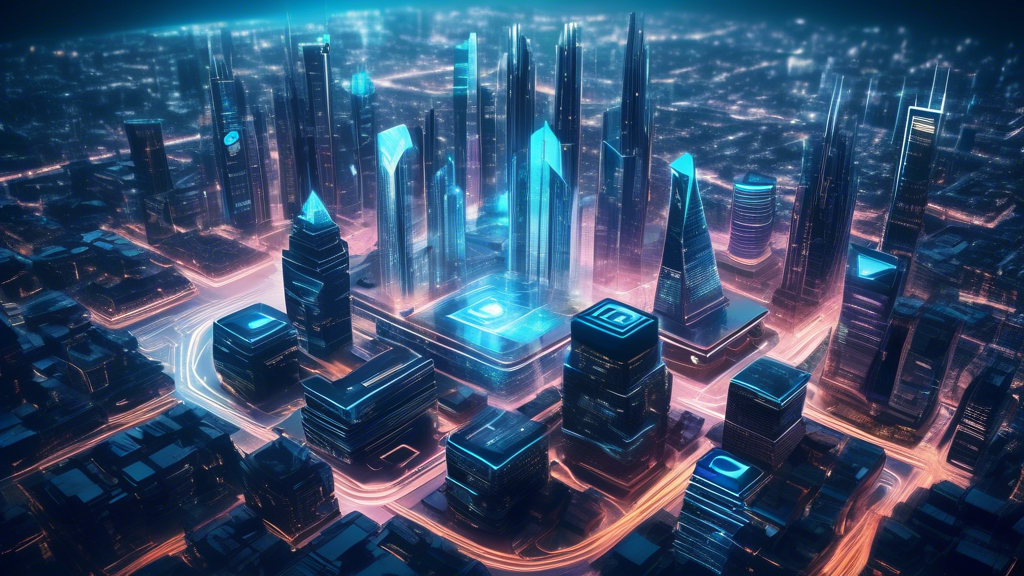 Create an image that features a futuristic cityscape with skyscrapers, each building branded with the logos of top cybersecurity companies. The scene should include elements symbolizing cybersecurity, such as digital shields, padlocks, and holographic data streams, to convey the cutting-edge technology and protection these companies offer. The overall aesthetic should be high-tech and modern, emphasizing innovation and security.