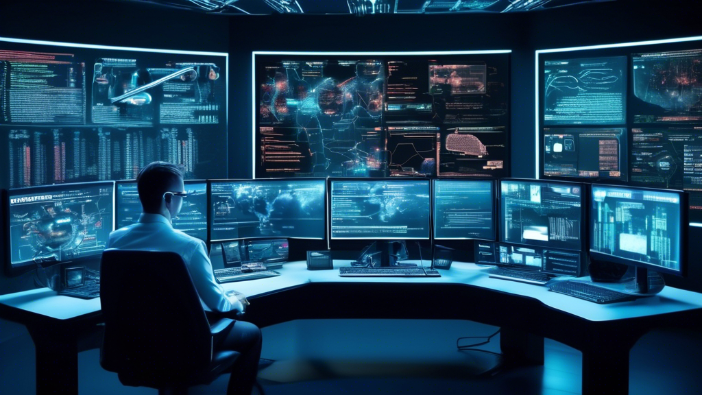 Create an image of a high-tech control room with multiple monitors displaying various cybersecurity threats. The screens should show graphics of malware, phishing attacks, ransomware, and DDoS attacks. In the foreground, highlight a dynamic list of the Top 10 Cyber Security Threats on a central digital board, with a concerned cybersecurity analyst working at a desk. The room should have a futuristic feel, with blue and green holographic elements indicating ongoing cyber defense operations.