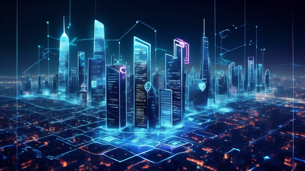 Create an image of a modern, high-tech cityscape at night with glowing skyscrapers featuring logos of top cyber security companies. In the foreground, place a digital map with a 'near me' location marker icon, showcasing a holographic list of nearby cyber security firms. The background should have futuristic elements like flying drones and data streams to emphasize technology and security.