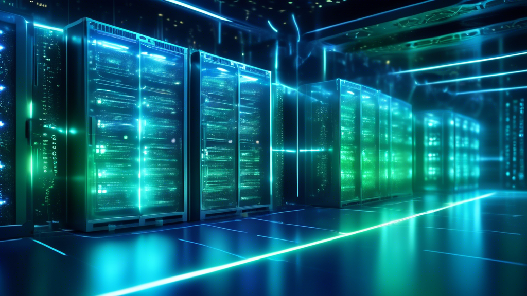 A futuristic cloud computing infrastructure with advanced security features. Show an intricate network of servers and data flowing through secure channels, protected by digital locks, shields, and firewall symbols. Incorporate elements like cyber shields, encrypted pathways, and security personnel monitoring holographic screens. The background can feature a high-tech server room with a blend of blue and green neon lights, reflecting the secure and efficient atmosphere of a cloud network fortified against threats.