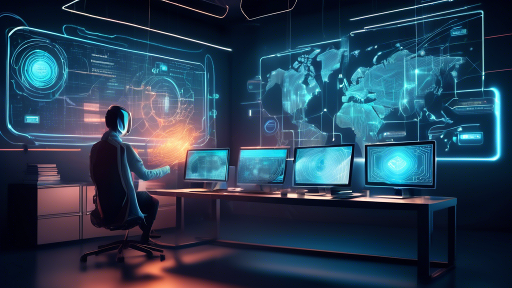 A stylized futuristic workspace showcasing top computer security strategies: a well-lit room with multiple monitors displaying cybersecurity software, a professional using biometric authentication (fingerprint scan), encrypted data streams visualized as glowing lines moving through the air, a firewall symbol protecting a computer, antivirus software actively scanning, and a shield representing virtual private networks (VPN). High-tech gadgets and a confident cybersecurity expert ensure the environment exudes a sense of safety and technological prowess.