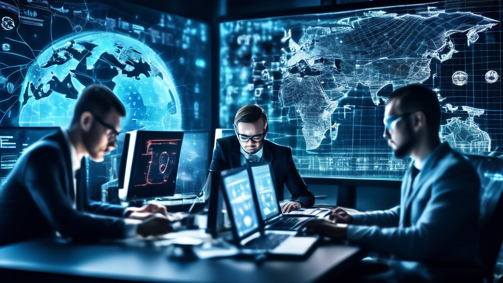 Create an image showcasing a high-tech office environment with cybersecurity experts working diligently. Some experts are analyzing data on computer screens displaying complex code and threat detection algorithms, while others are engaging in strategic discussions. The background features a world map with highlighted areas symbolizing global cyber threats. Include visual elements such as digital shields, padlocks, and interconnected networks to represent cybersecurity measures and protection.