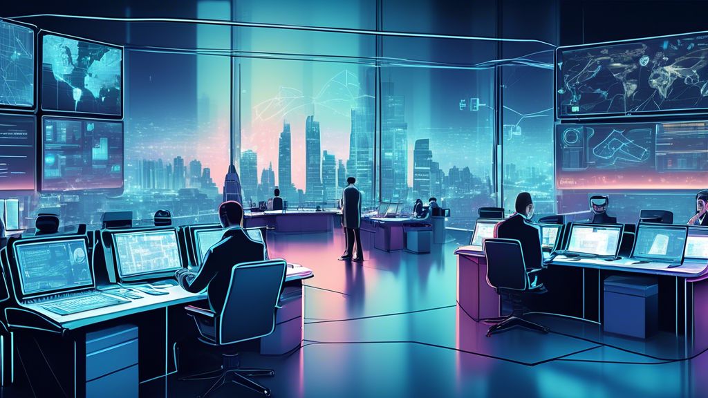 Create an image of a futuristic secure control center operated by the National Cyber Security Centre, featuring advanced computer systems, diverse cybersecurity experts analyzing data, and a digital map highlighting various cyber threats. Include holographic displays and high-tech equipment, set against a backdrop of a modern city skyline.