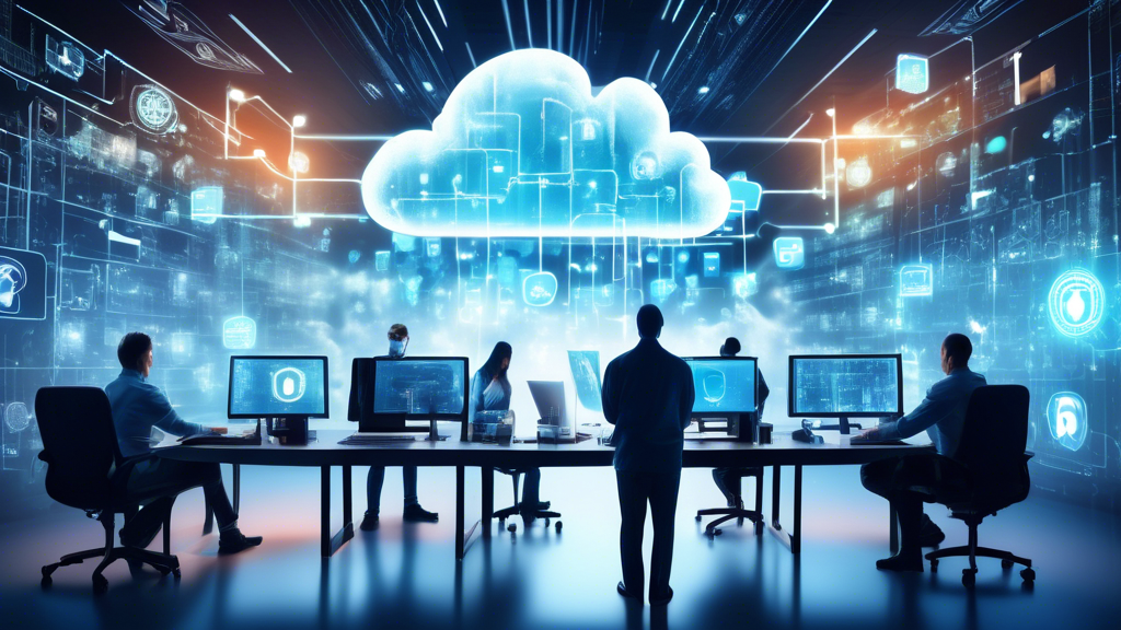 Create an image of a futuristic digital cloud surrounded by advanced security features such as firewalls, padlocks, and encryption symbols. In the background, display a team of diverse cybersecurity professionals working on laptops, analyzing data, and monitoring security threats on large screens. The atmosphere should convey a high-tech, secure environment with a focus on protecting digital information in the cloud.