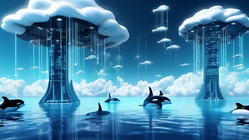 An advanced, futuristic cloud landscape with digital security shields and swimming orcas, symbolizing robust protection and intelligence in cloud security. The scene should convey a sense of technological sophistication and tranquility, with sleek server towers integrated seamlessly into the oceanic environment. Cybersecurity symbols such as locks and encrypted codes should be subtly incorporated into the design, highlighting the theme of safeguarding digital assets.