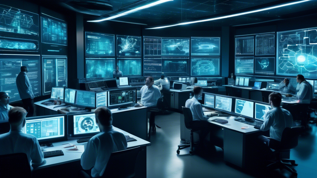 Create an image depicting a futuristic, high-tech control room with large screens displaying complex data and threat alerts. In the center, there are a group of focused cybersecurity professionals working on state-of-the-art computers. The background shows digital representations of industrial systems being monitored, with subtle elements highlighting defense mechanisms and network protection. In the lower part of the image, add a small Dragos logo to indicate their involvement in the mission of enhancing digital safety.