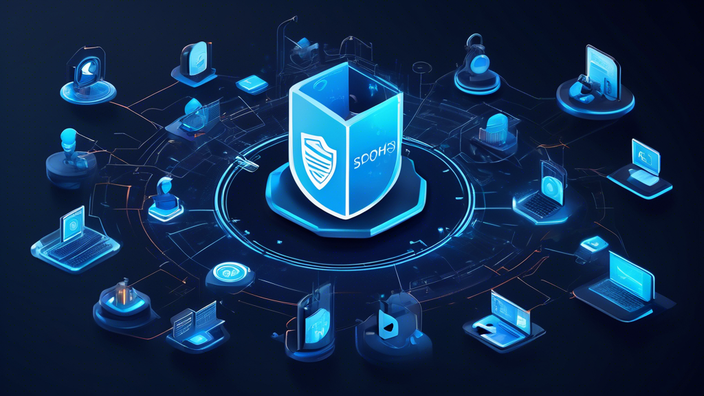 Create an image that captures the concept of enhanced protection through advanced cyber security solutions by Sophos. Show a visually striking and modern digital fortress with the Sophos logo, surrounded by dynamic, glowing shields and security icons such as locks, firewalls, and encrypted data streams. Incorporate elements of artificial intelligence represented by neural network patterns and analytics graphs. The color scheme should emphasize trust and technology, using hues of blue and green.