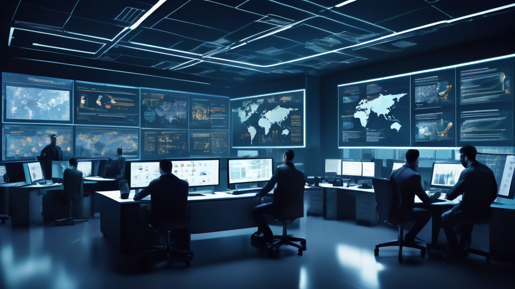 Create a detailed scene depicting a high-tech cybersecurity incident response team in a modern office. The team is actively working on multiple computer screens displaying complex data, threat maps, and alerts. In the background, a large digital board shows the essential steps for effective cyber incident response: identification, containment, eradication, recovery, and lessons learned. The atmosphere is intense but controlled, with team members communicating and collaborating efficiently to resolve the cyber incident.