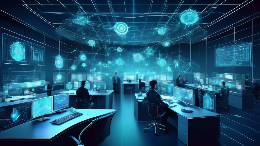 Create an image of a futuristic office with holographic displays showing network security metrics, anti-virus programs, and firewalls. Incorporate a team of diverse IT professionals actively monitoring these displays and configuring security systems. Include elements like encrypted data streams and digital shields symbolizing enhanced network security.