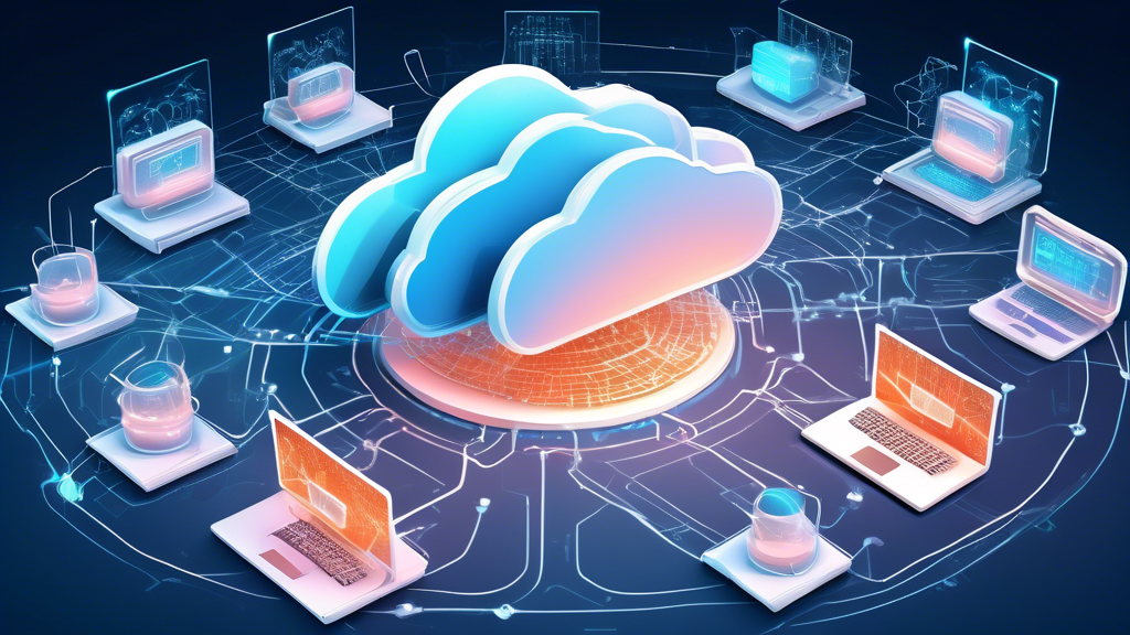 Create an image of a futuristic cloud server protected by advanced cybersecurity features. Illustrate multiple layers of digital shields, firewalls, encrypted data, and a team of IT specialists working on laptops. The background should show a combination of cloud formations and interconnected network pathways, symbolizing secure and robust cloud infrastructure.