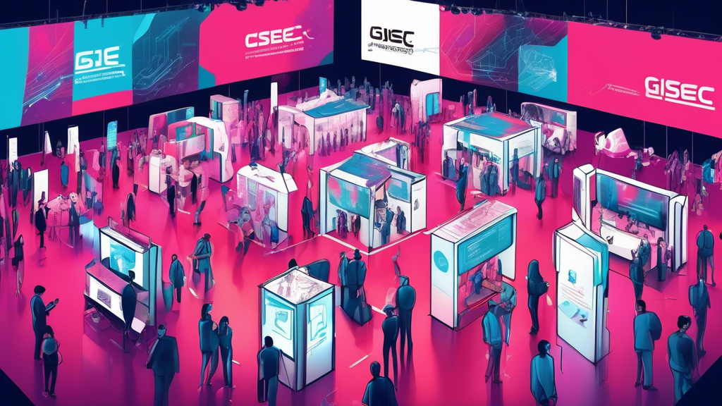 Create an image showcasing the vibrant atmosphere of GISEC 2023, with innovative cybersecurity technologies on display. Include futuristic booths, attendees engaging with interactive demos, and keynote speakers on stage. Highlight a diverse crowd of tech enthusiasts, industry experts, and business leaders exchanging ideas in a high-tech convention center.