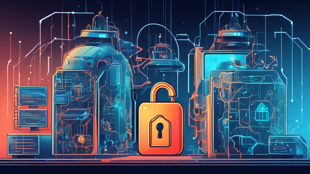 A detailed, futuristic illustration of Google's cybersecurity innovations: High-tech servers protected by advanced firewalls, AI-driven security robots monitoring networks, and holographic interfaces displaying data encryption processes. In the background, Google HQ with a large padlock symbol, showcasing a sense of security and technological advancement.