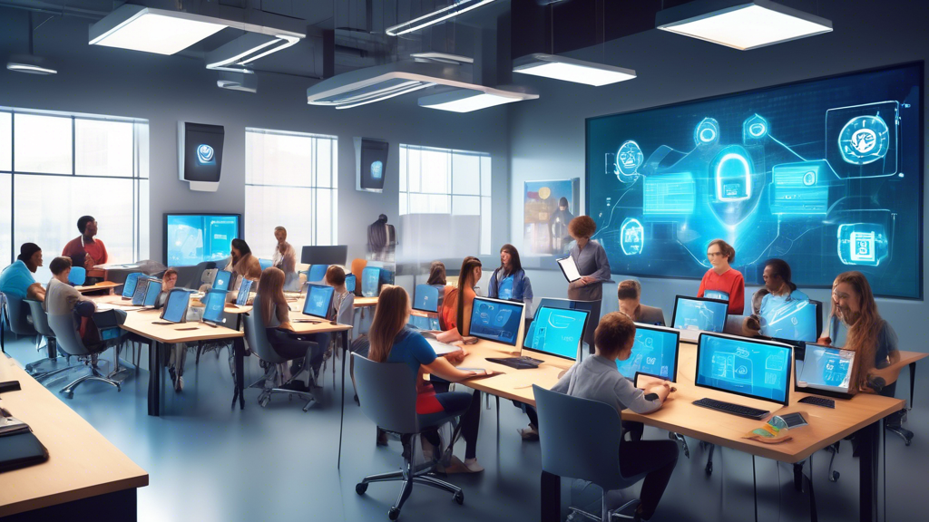 Create an image showcasing a high-tech classroom setting with a diverse group of professionals actively engaging with state-of-the-art computers and digital tablets, learning about cyber security. Highlight elements such as digital shields, secure locks, code screens, and the SANS logo prominently displayed on presentation screens. The environment should feel modern and dynamic, emphasizing education and cyber defense.