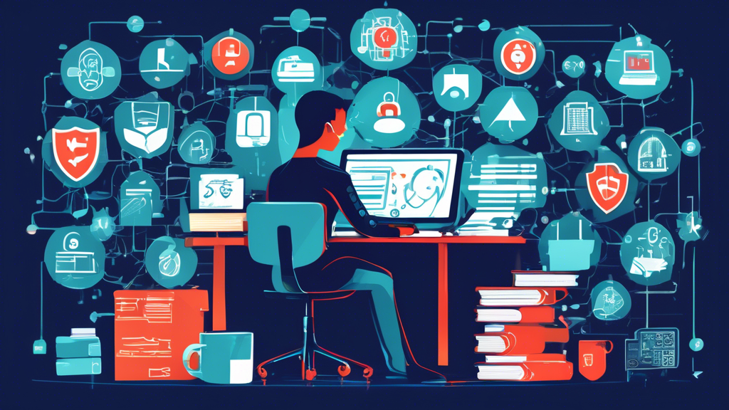 Create an illustration depicting a person sitting at a computer, surrounded by various cyber security icons like shields, padlocks, and network diagrams. The background should include stacks of books titled 'Networking Basics,' 'Ethical Hacking,' and 'Programming Languages.' The person should look focused and determined, with a small group of people nearby engaging in a discussion, symbolizing community and mentorship. The overall theme should convey learning and teamwork in the field of cyber security.